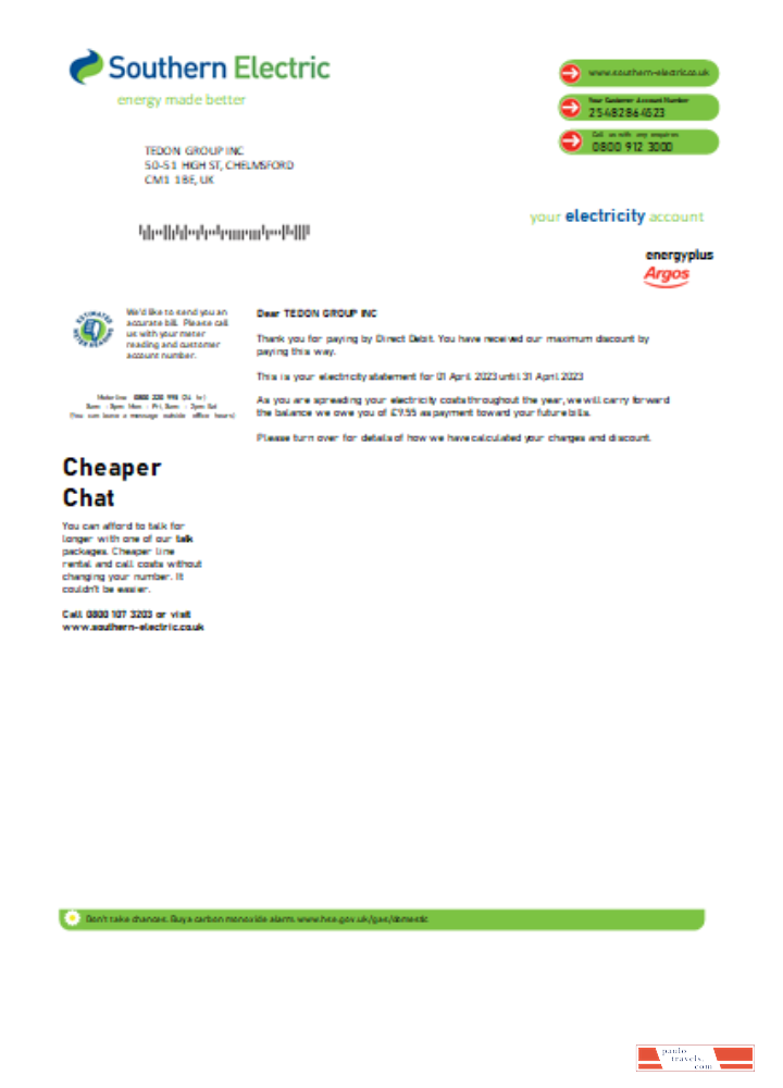 Southern Electric proof of address utility business bill, SCR PSD template